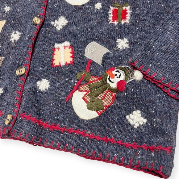 Vintage 90s Christmas Cardigan Sweater Medium Snowmen Blue Speckled Angora Tree - Picture 10 of 12